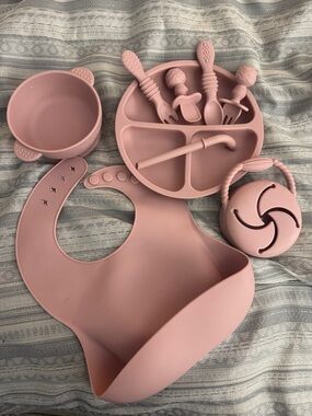 Silicone Baby Mealtime Set - Pink Bib & Utensils